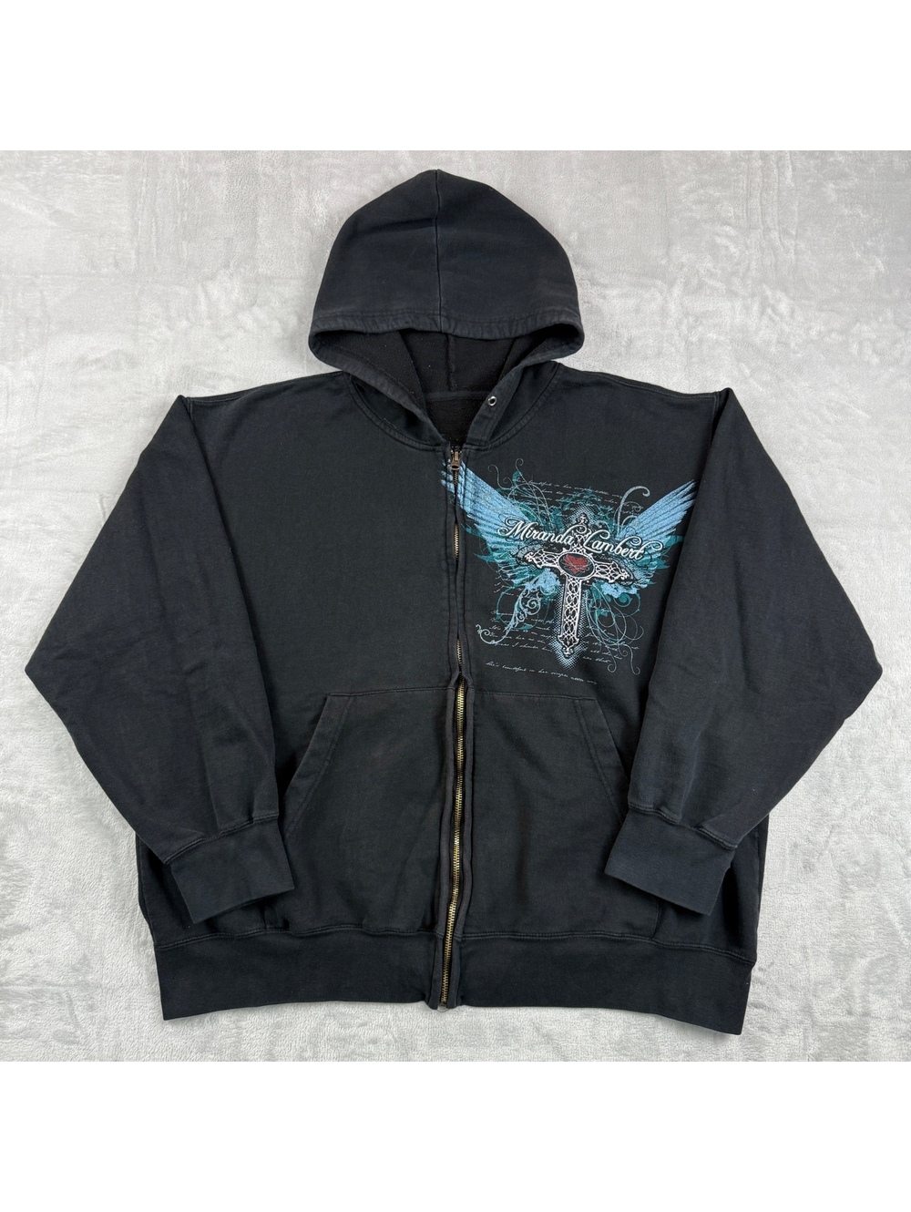Y2K Miranda Lambert Silver Wings XXL Black Zip Hoodie Angel Cross Gothic 2000s